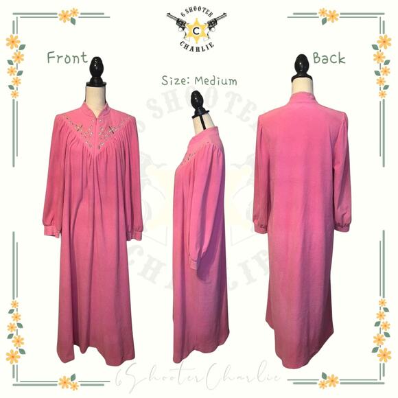 Vintage 70s Vanity Fair Pink Fleece Nightgown Embroidered Size Medium Loungewear - Picture 1 of 7